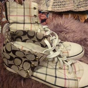 Coach Women's Plaid High-Top Sneakers - Cream and Brown